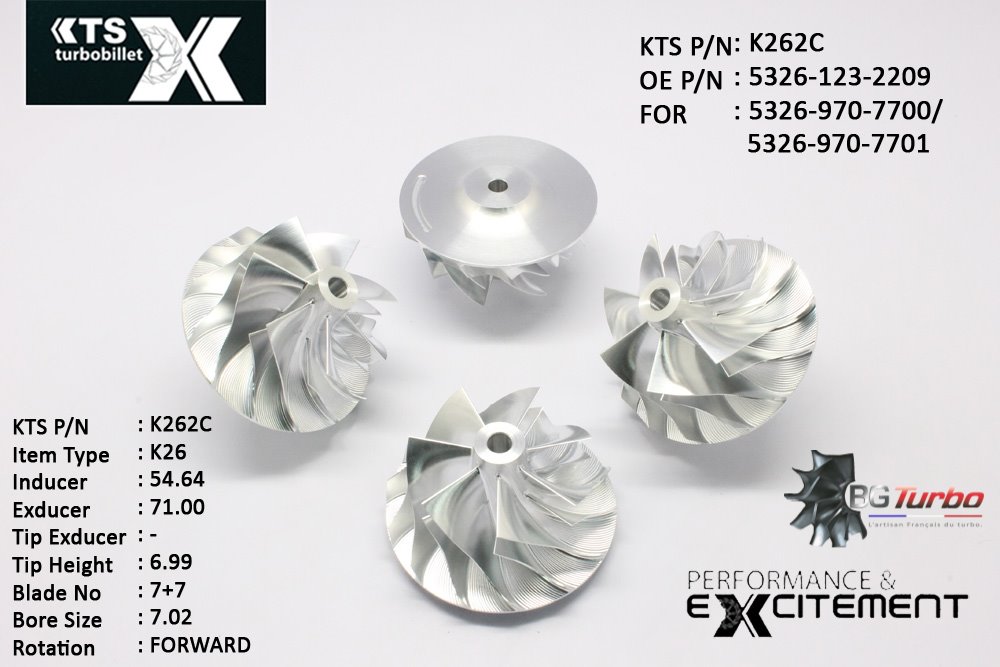 Turbo ROUE FORGÉE MFS PERFORMANCE - 7+7 PALES - INDUCER : 54,64 - EXDUCER : 71 - TYPE : K26
ANGLE : 55° - ROTATION : Forward - SUPER BACK : 4,99 - BORE SIZE : 7,02 - STAGE 1 - 5326-123-2209
